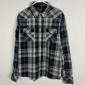 Fox Racing Pearl Snap Button Down Plaid Shirt Mens Size XL Black Grey Collared